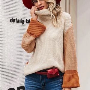 Colorblock High Neck Drop Shoulder Bell sleeves